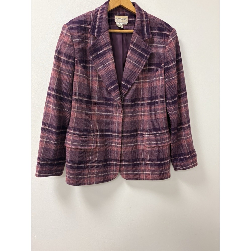 Vintage Chadwick's Wool Blazer Womens Sz 14 Boston Purple Plaid Preppy